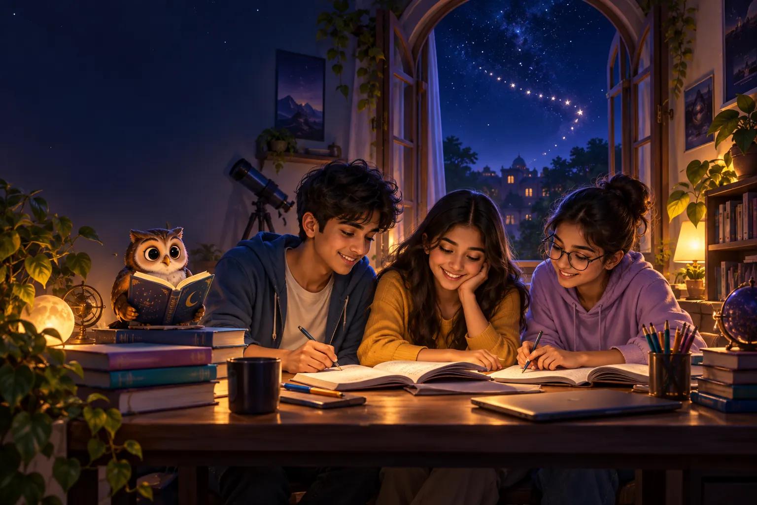Students studying together in a warm, imaginative learning space